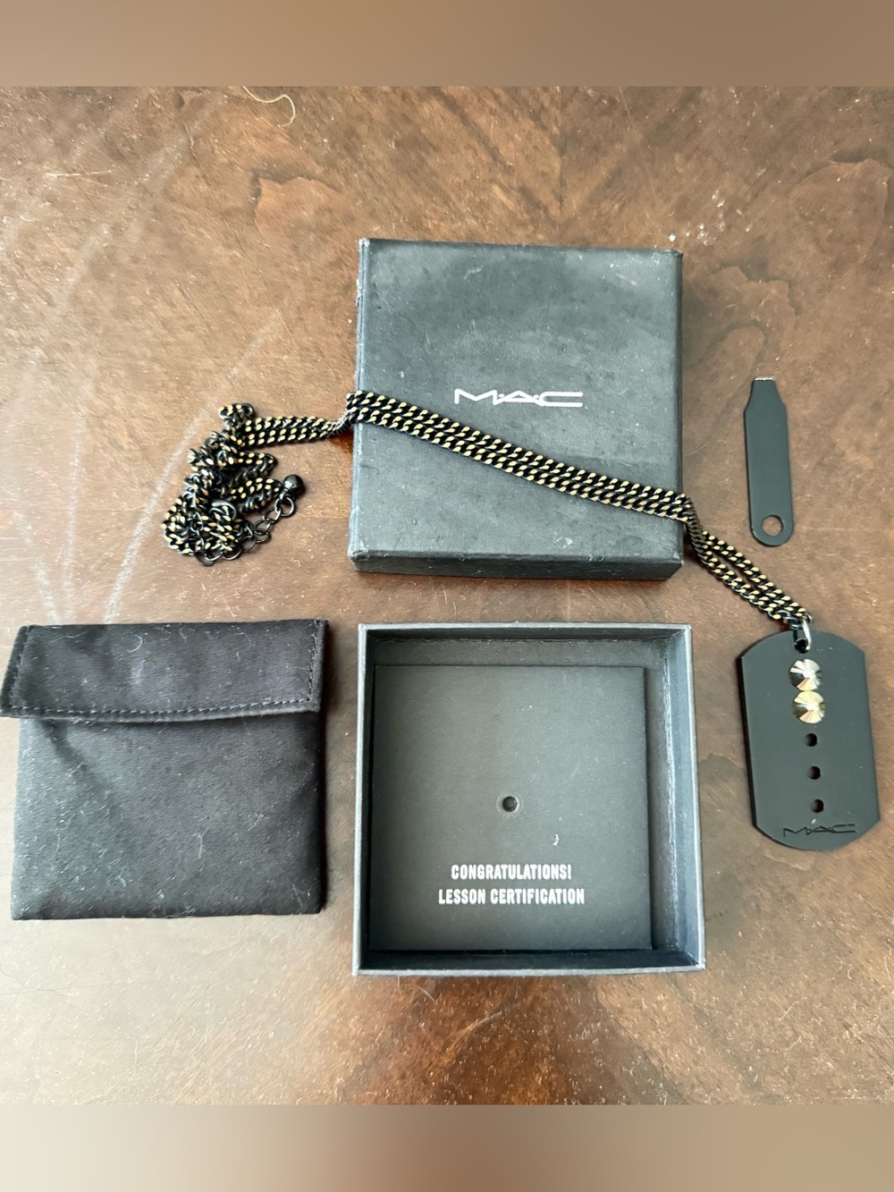 RARE MAC Cosmetics Employee Certification Dog Tag Necklace w/ Box & Key Full Set